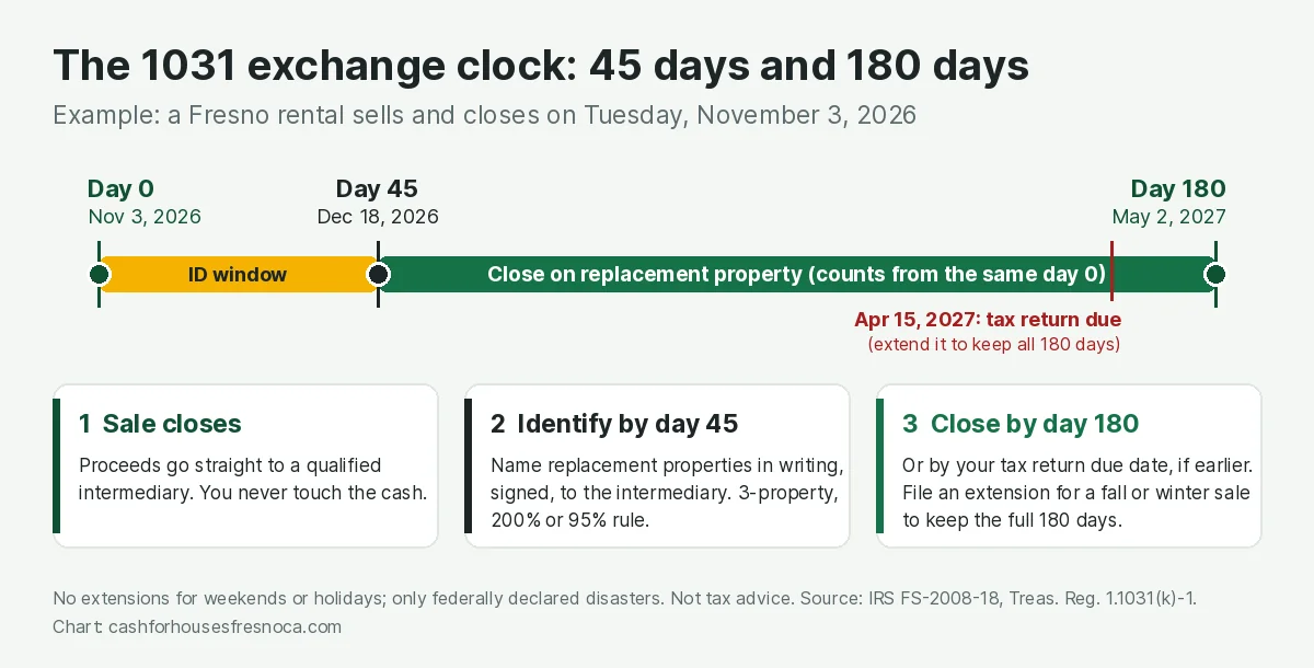Timeline of the 1031 exchange deadlines for a Fresno rental that closes on November 3, 2026. Day 0 is November 3, 2026, when the sale closes and proceeds go to a qualified intermediary. Day 45 is December 18, 2026, the last day to identify replacement properties in writing. Day 180 is May 2, 2027, the last day to close on the replacement. The tax return due date of April 15, 2027 falls before day 180, so the investor must extend the return to keep the full 180 days