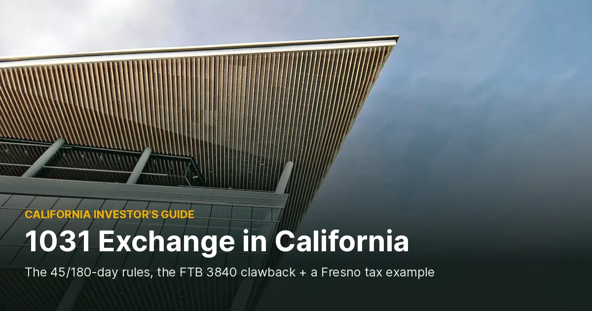Low-angle photo of a modern building with a wood-slat roof canopy and glass balconies against a blue sky, cover photo for a guide to the 1031 exchange in California