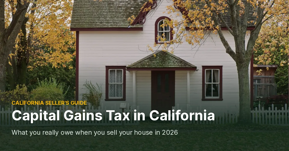 White two-story wood house with a red front door, a white picket fence and autumn trees, cover photo for a guide to capital gains tax in California when you sell a house