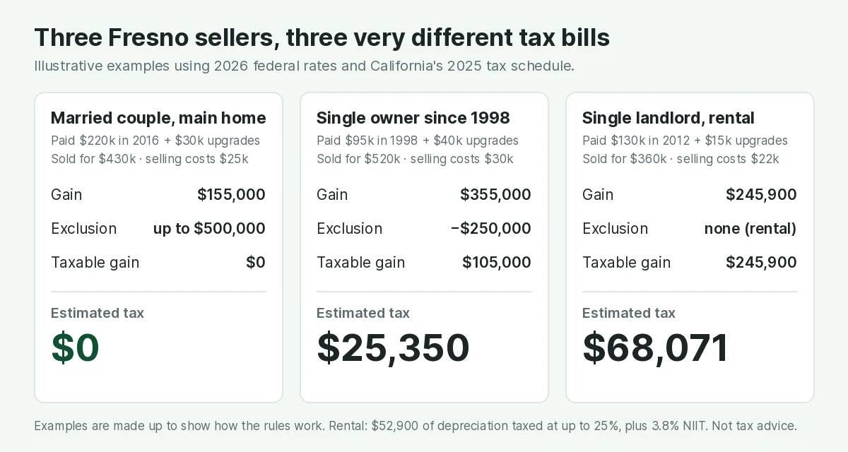 Three example cards. A married couple who paid $220,000 in 2016 plus $30,000 of upgrades and sold for $430,000 with $25,000 of selling costs has a $155,000 gain, fully covered by the exclusion, so $0 tax. A single owner who paid $95,000 in 1998 plus $40,000 of upgrades and sold for $520,000 with $30,000 of costs has a $355,000 gain, $105,000 taxable after the $250,000 exclusion, for about $25,350 of tax. A single landlord who paid $130,000 in 2012 plus $15,000 of upgrades and sold a rental for $360,000 with $22,000 of costs has a $245,900 gain with no exclusion, for about $68,071 of tax