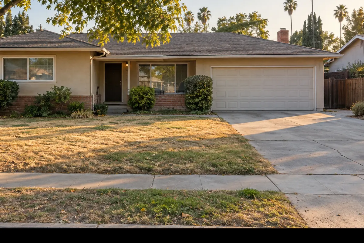 Single-story beige stucco ranch house with a brick wainscot, two-car garage, dry front lawn and palm trees behind it