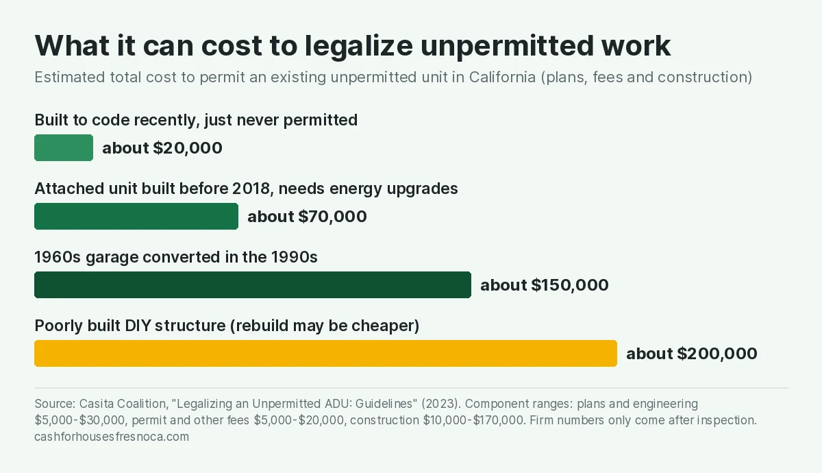 Bar chart of estimated costs to legalize an unpermitted unit in California. Built to code recently but never permitted, about $20,000. Attached unit built before 2018 needing energy upgrades, about $70,000. 1960s garage converted in the 1990s, about $150,000. Poorly built DIY structure, about $200,000.