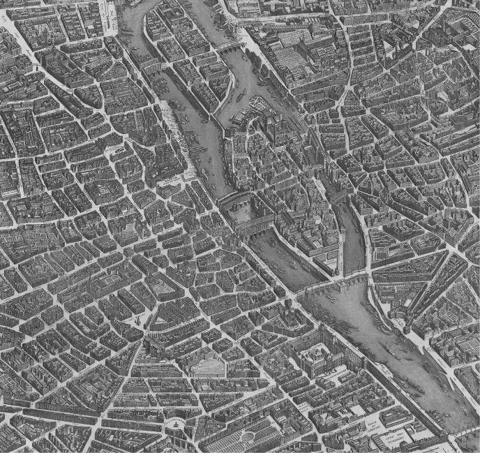 Old gray bird's-eye map of a dense city with streets, blocks and a river