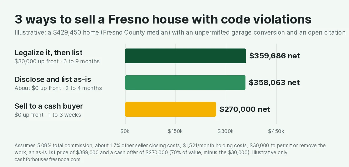 Bar chart comparing three ways to sell a Fresno house with code violations worth $429,450 fully permitted. Legalize it then list nets about $359,686 with $30,000 up front in 6 to 9 months. Disclose and list as-is nets about $358,063 with about $0 up front in 2 to 4 months. Sell to a cash buyer nets about $270,000 with $0 up front in 1 to 3 weeks.