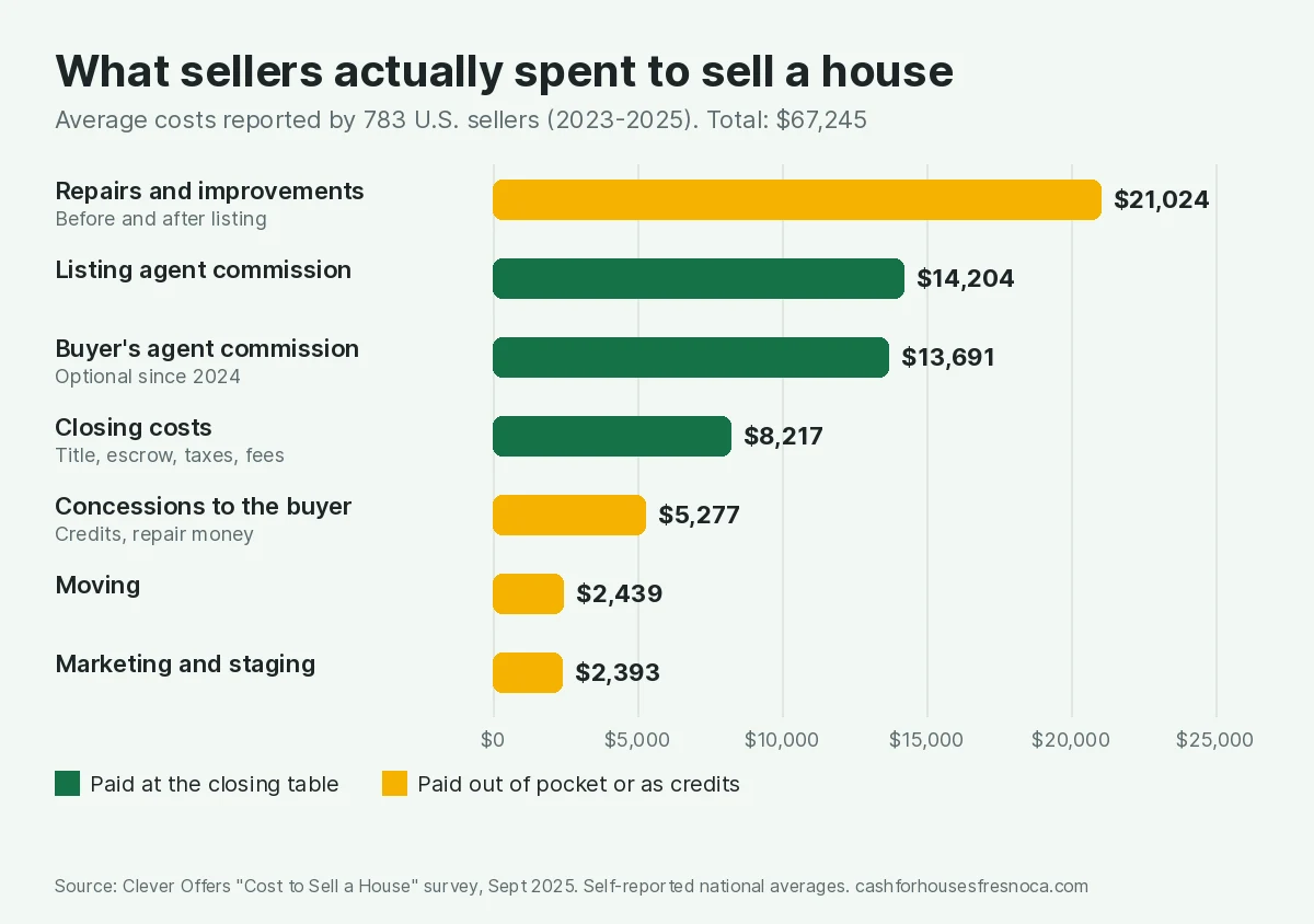Bar chart of average costs reported by 783 U.S. home sellers: repairs and improvements $21,024, listing agent commission $14,204, buyer's agent commission $13,691, closing costs $8,217, concessions to the buyer $5,277, moving $2,439 and marketing and staging $2,393, for a total of $67,245