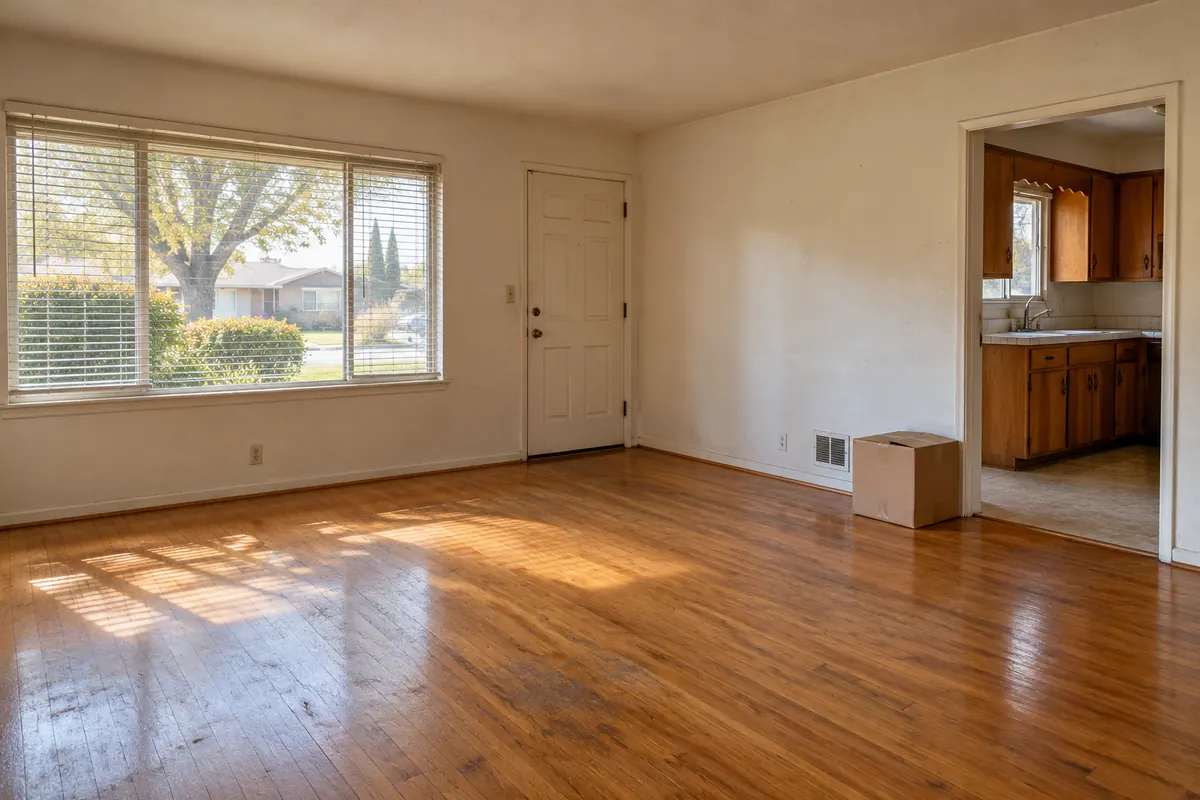 Empty living room with worn hardwood floors, scuffed walls and a moving box, opening into a dated kitchen with original wood cabinets and tile counters