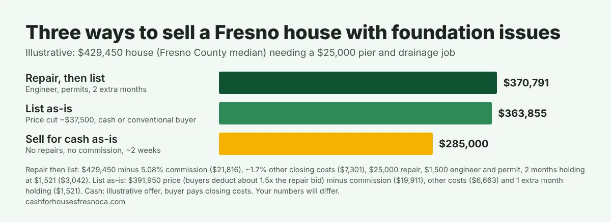 Bar chart comparing three ways to sell a $429,450 Fresno house that needs a $25,000 foundation repair. Repair then list: seller nets $370,791. List as-is with a price cut of about $37,500: seller nets $363,855. Sell for cash as-is: seller nets $285,000.
