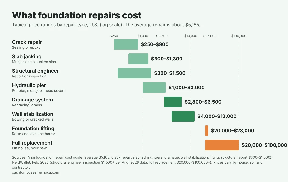 Range chart of foundation repair costs by type on a log scale. Crack repair $250 to $800. Slab jacking $500 to $1,300. Structural engineer report or inspection $300 to $1,500. Hydraulic pier $1,000 to $3,000 each. Drainage system $2,800 to $6,500. Wall stabilization $4,000 to $12,000. Foundation lifting $20,000 to $23,000. Full replacement $20,000 to $100,000.