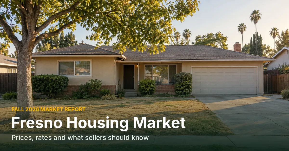 Single-story stucco ranch house with a two-car garage, shade tree and palm trees in late-afternoon light, cover photo for the Fresno housing market report