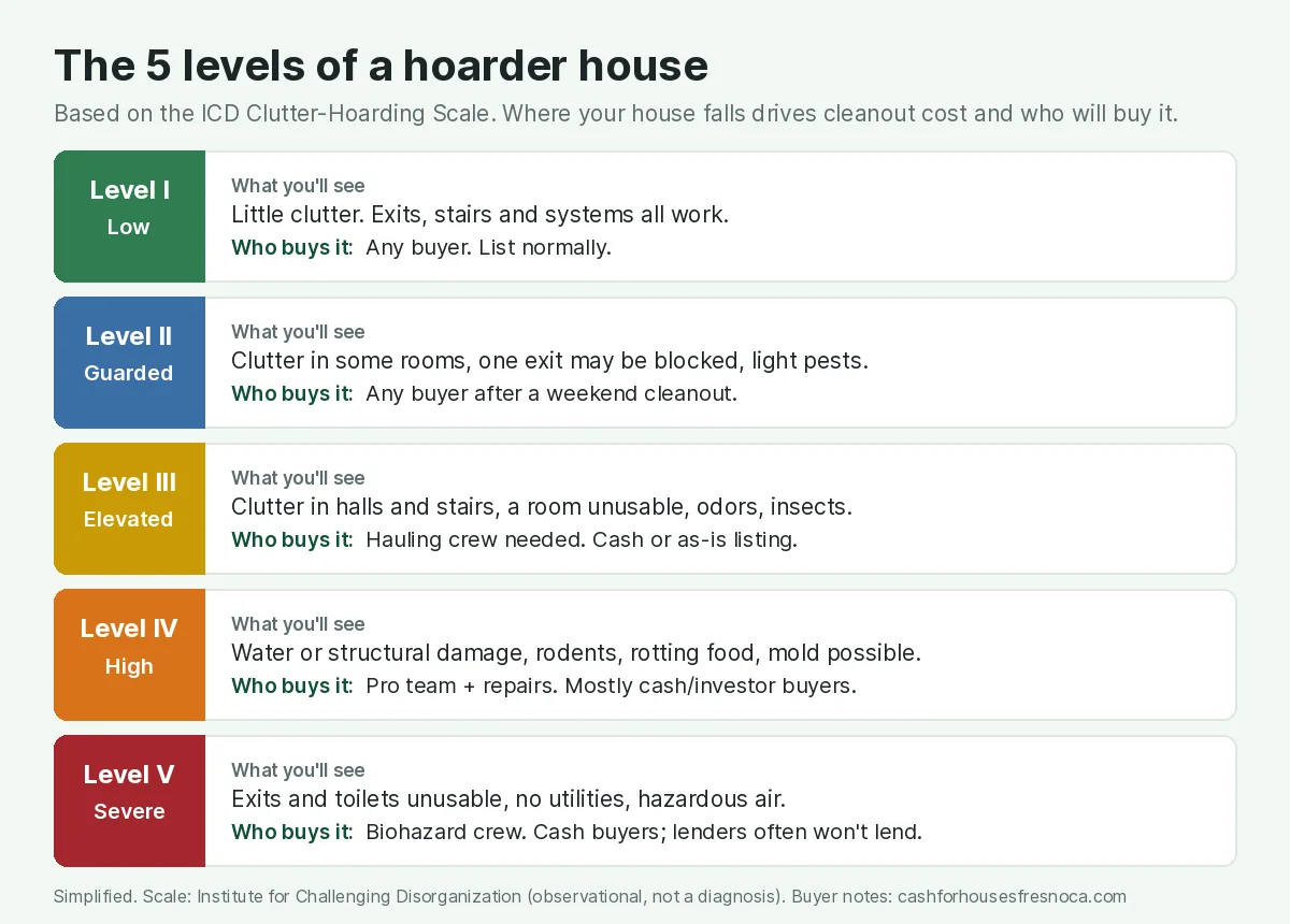 Chart of the five levels of a hoarder house. Level I low: little clutter, any buyer. Level II guarded: clutter in some rooms and light pests, any buyer after a weekend cleanout. Level III elevated: clutter in halls and stairs, odors and insects, needs a hauling crew, cash or as-is listing. Level IV high: water or structural damage, rodents, rotting food, mostly cash or investor buyers. Level V severe: exits and toilets unusable, no utilities, hazardous air, biohazard crew and cash buyers