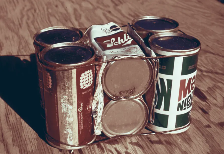 Four old rusted metal cans with faded labels sitting on a wooden surface