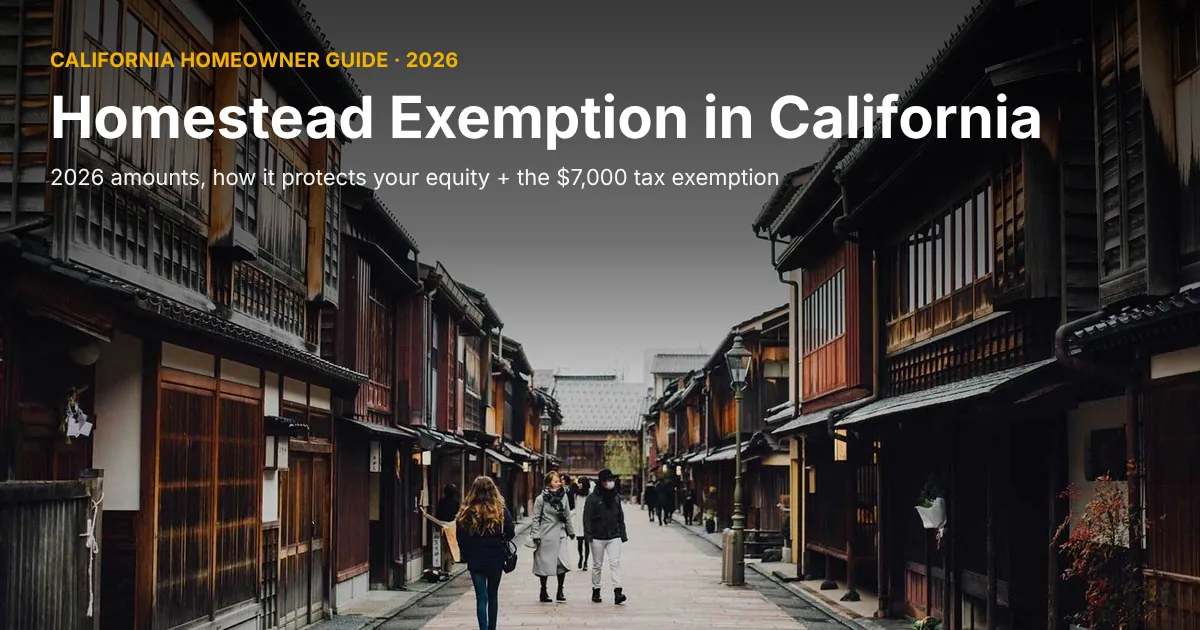 Street lined with old two-story wooden houses and a few people walking on the stone pavement under a gray sky, cover photo for a guide to the homestead exemption in California