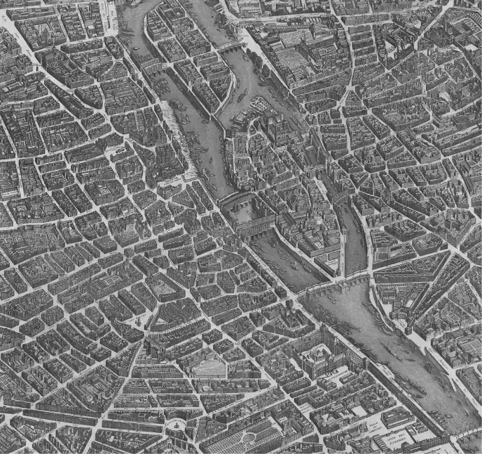 Old gray engraved map of a dense European city with winding streets and a river