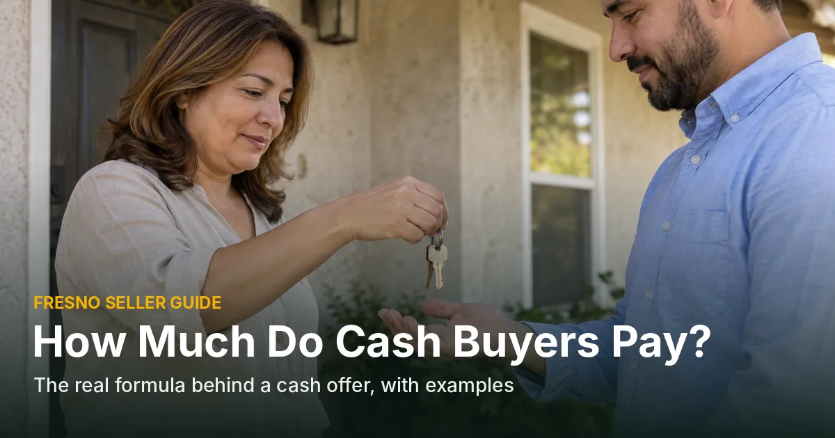 Woman handing a set of house keys to a man on the front porch of a stucco home, cover photo for a guide to how much cash buyers pay for houses