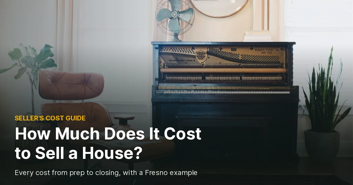 Bright living room staged with a leather lounge chair, an upright piano, a vintage fan and potted plants, cover photo for a guide on how much it costs to sell a house