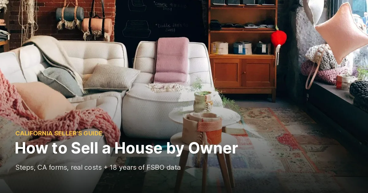 Cozy room with two white sofas, a pink knit throw, small round side tables and a patchwork rug in warm light, cover photo for a guide on how to sell a house by owner