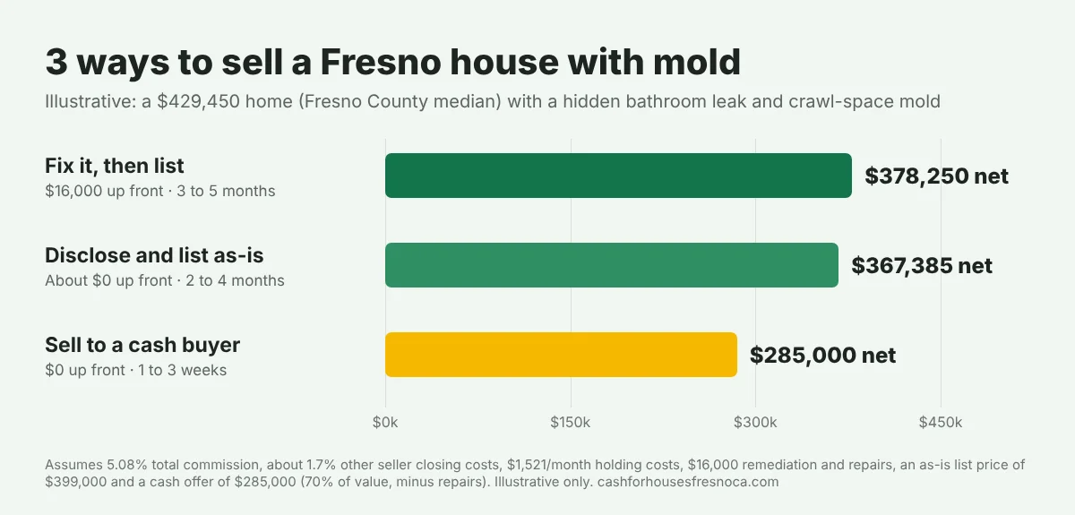 Bar chart comparing three ways to sell a Fresno house with mold worth $429,450 when fixed. Fix it then list nets about $378,250 with $16,000 up front in 3 to 5 months. Disclose and list as-is nets about $367,385 with about $0 up front in 2 to 4 months. Sell to a cash buyer nets about $285,000 with $0 up front in 1 to 3 weeks.
