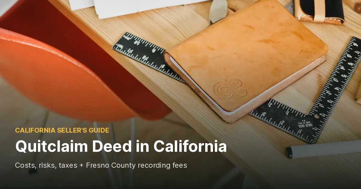 Leather notebook, a black carpenter's square and a marker on a light wood desk next to an orange chair, cover photo for a guide to the quitclaim deed in California