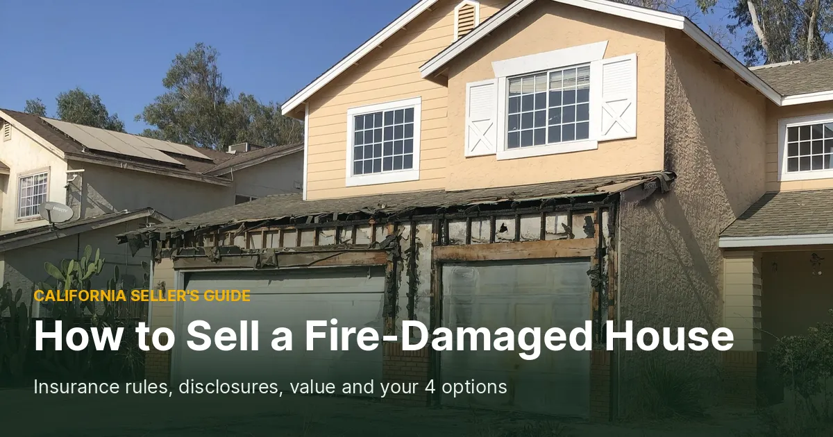 Two-story stucco house in Fresno with a burned-out garage front and charred roof framing, cover photo for a guide on how to sell a fire-damaged house in California