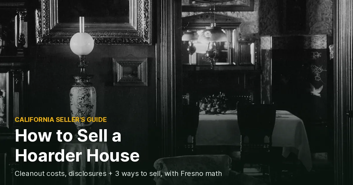 Black and white photo of an old parlor with an oil lamp, heavy framed pictures, drapes and an armchair, cover photo for a guide on how to sell a hoarder house