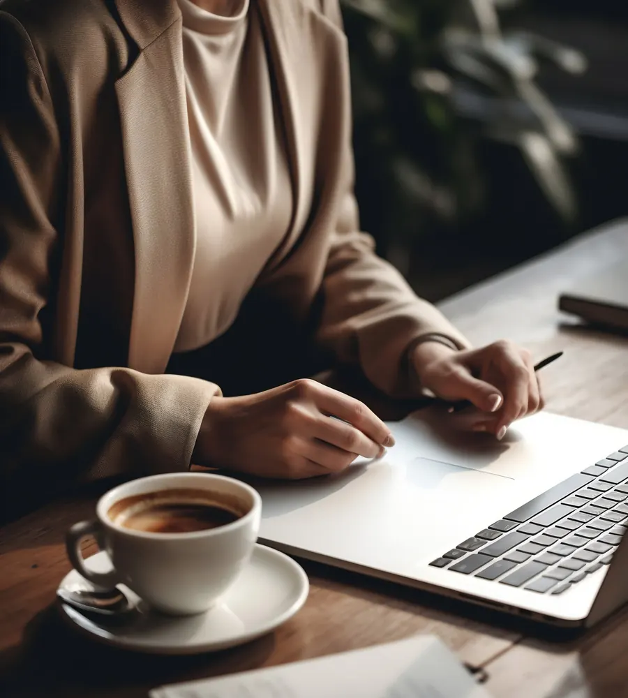 Woman in a tan blazer working on a laptop at a wooden table, with a cup of coffee and a notebook beside her