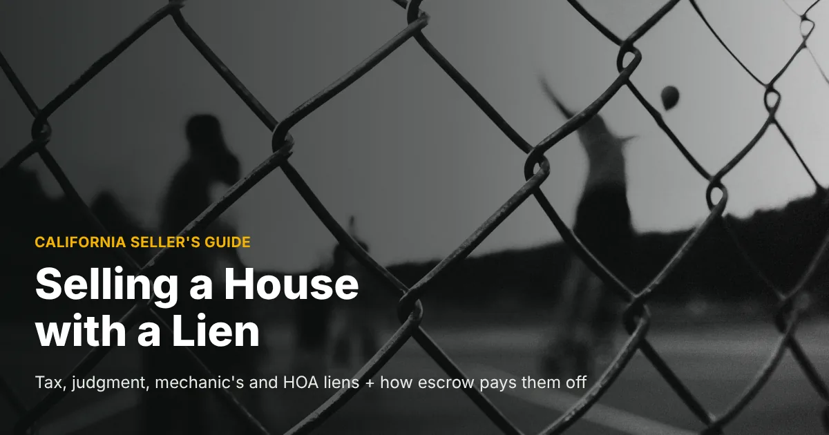 Black and white close-up of a chain-link fence with blurred people behind it, cover photo for a guide on selling a house with a lien in California