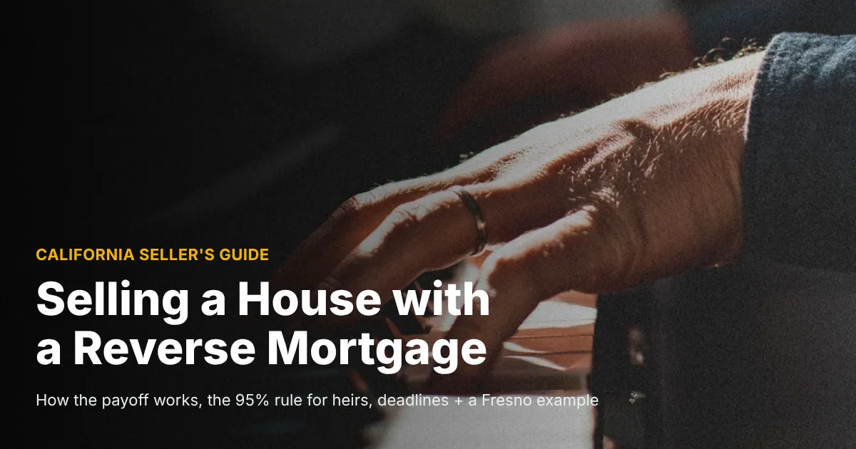 Close-up of an older man's hand with a wedding ring resting on piano keys in warm side light, cover photo for a guide on selling a house with a reverse mortgage in California