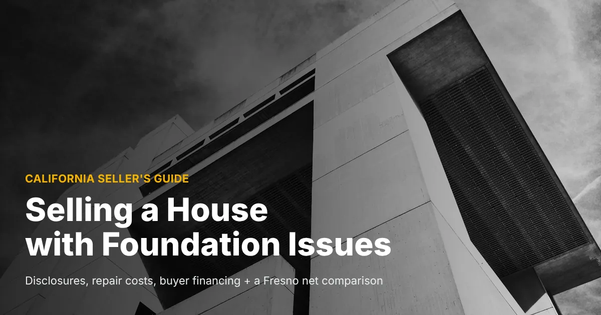 Low-angle black and white photo of a massive concrete building against a cloudy sky, cover photo for a guide on selling a house with foundation issues in California