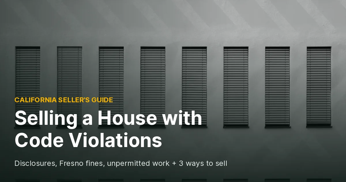Gray building wall with a row of tall shuttered windows, cover photo for a guide on selling a house with code violations in California