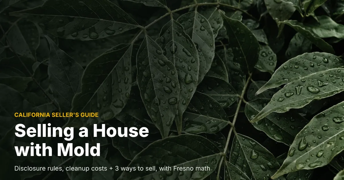Dark green leaves covered in raindrops, cover photo for a guide on selling a house with mold in California