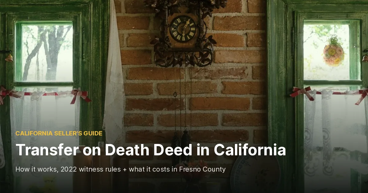 Old red brick wall with a carved wooden cuckoo clock between two green-framed windows with lace curtains, cover photo for a guide to the transfer on death deed in California