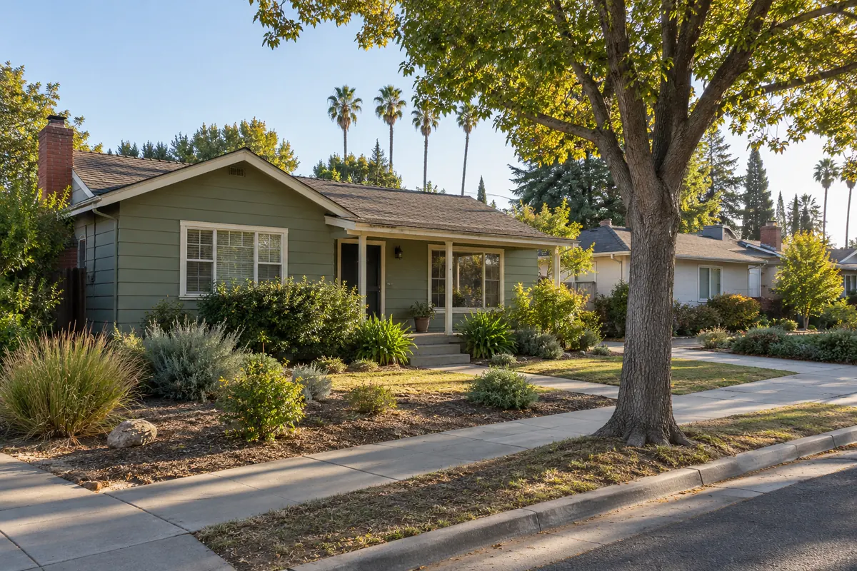 Well-kept single-story house with green siding, a covered front porch, drought-tolerant landscaping and a large shade tree on a quiet street with palm trees
